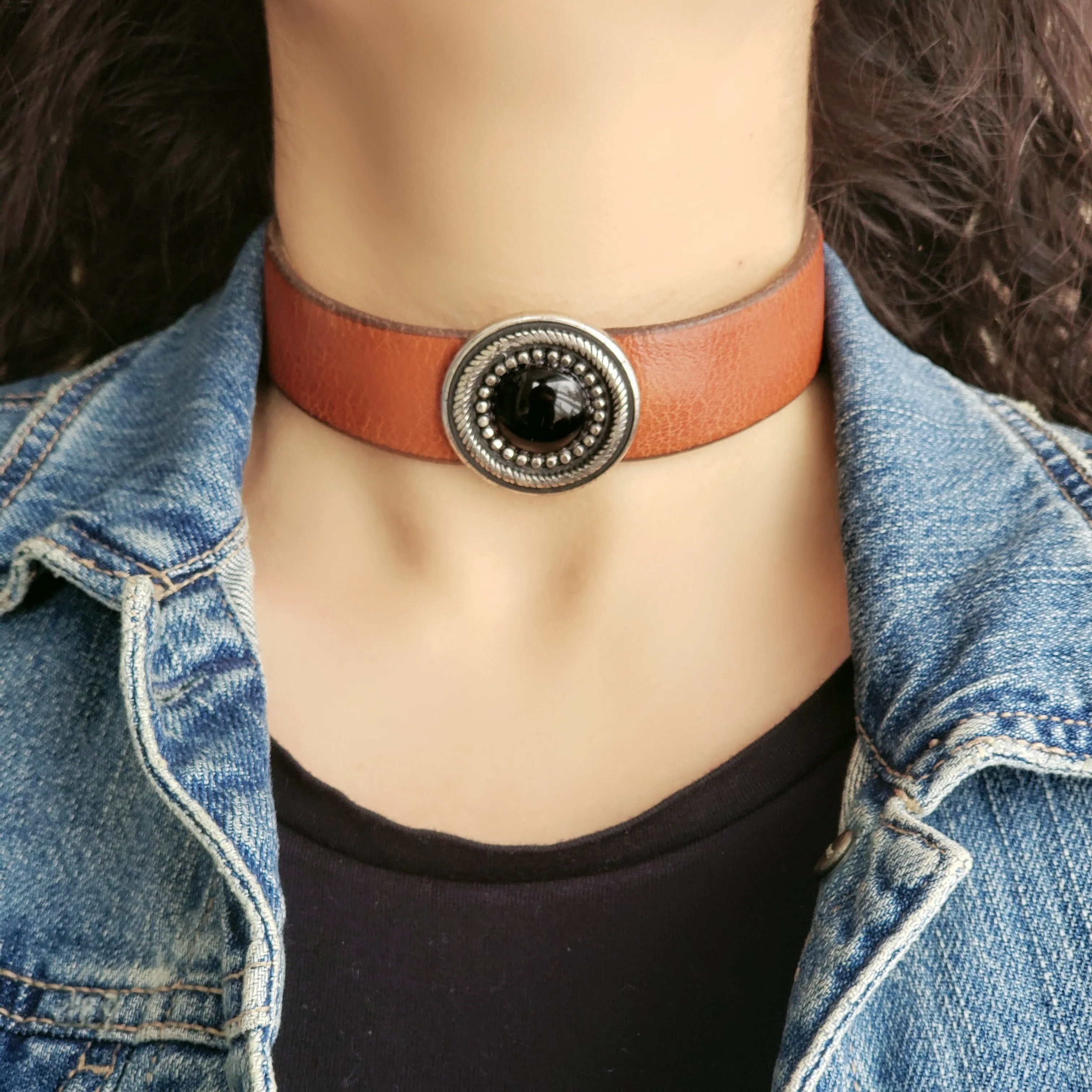 Cognac Leather Choker with Black Charm - Made in Canada - Image 3