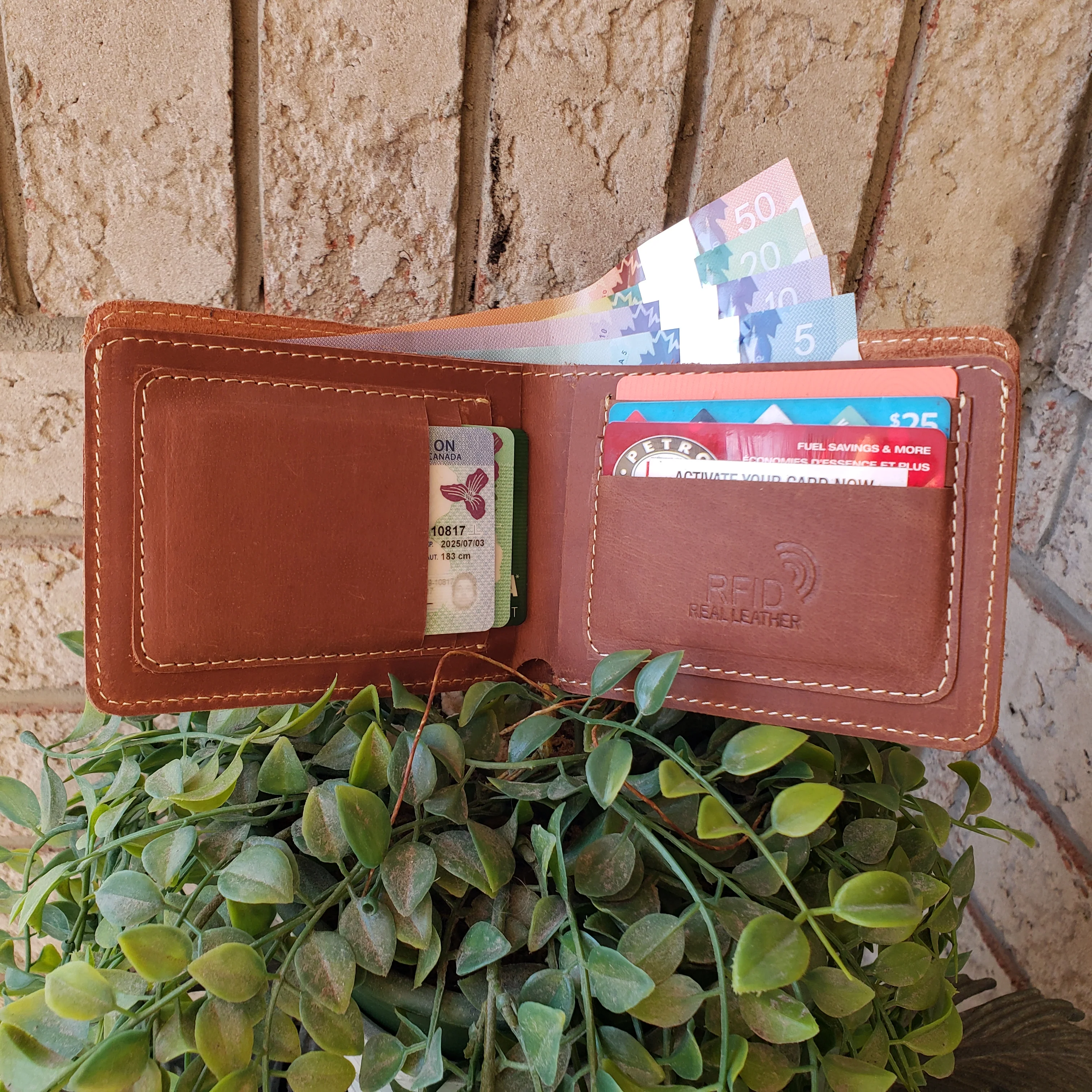 Engraved Cognac Full Grain Leather Minimalist Wallet - Image 8