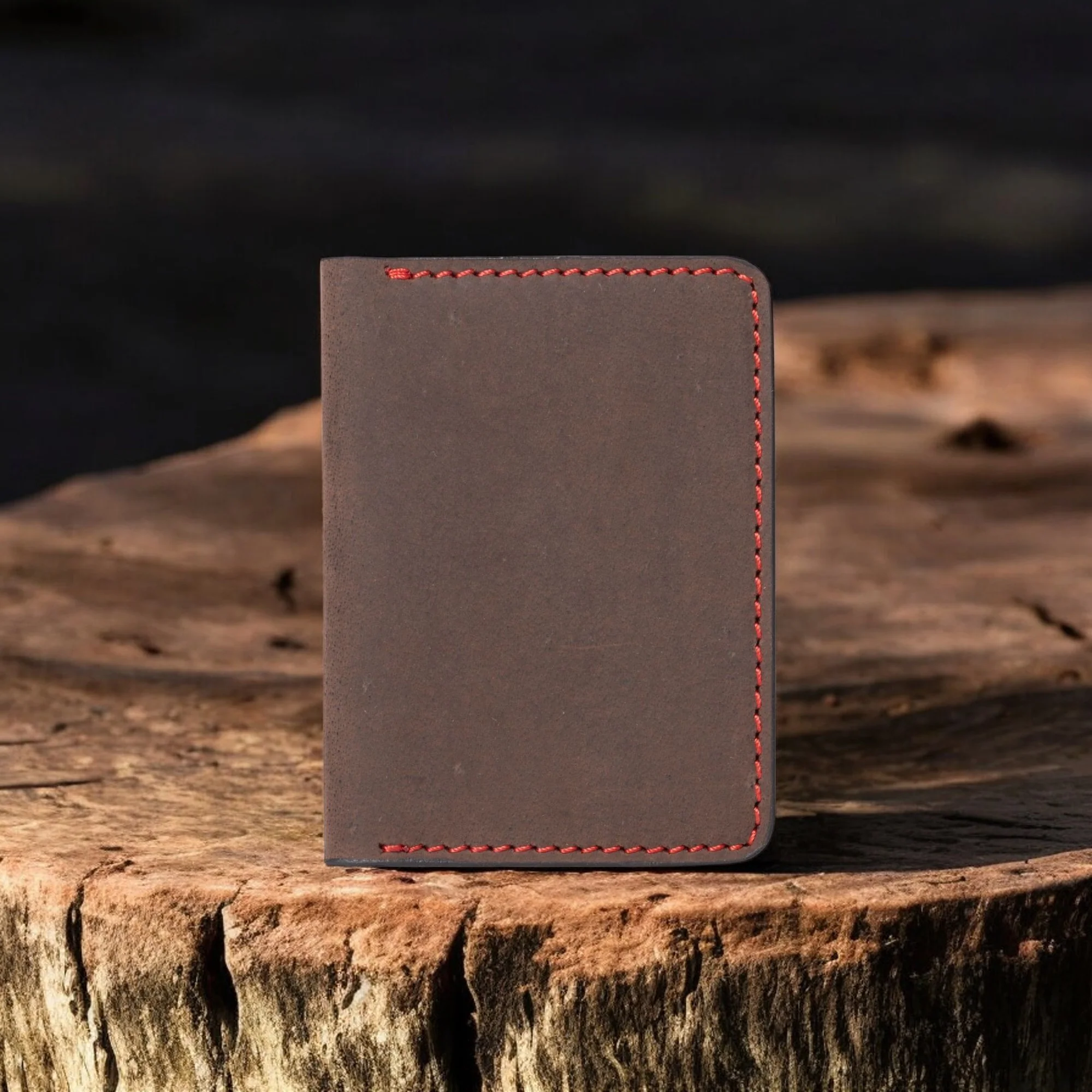 Card Holder - Brown Full Grain Leather Card Holder With Red Hand Stitching