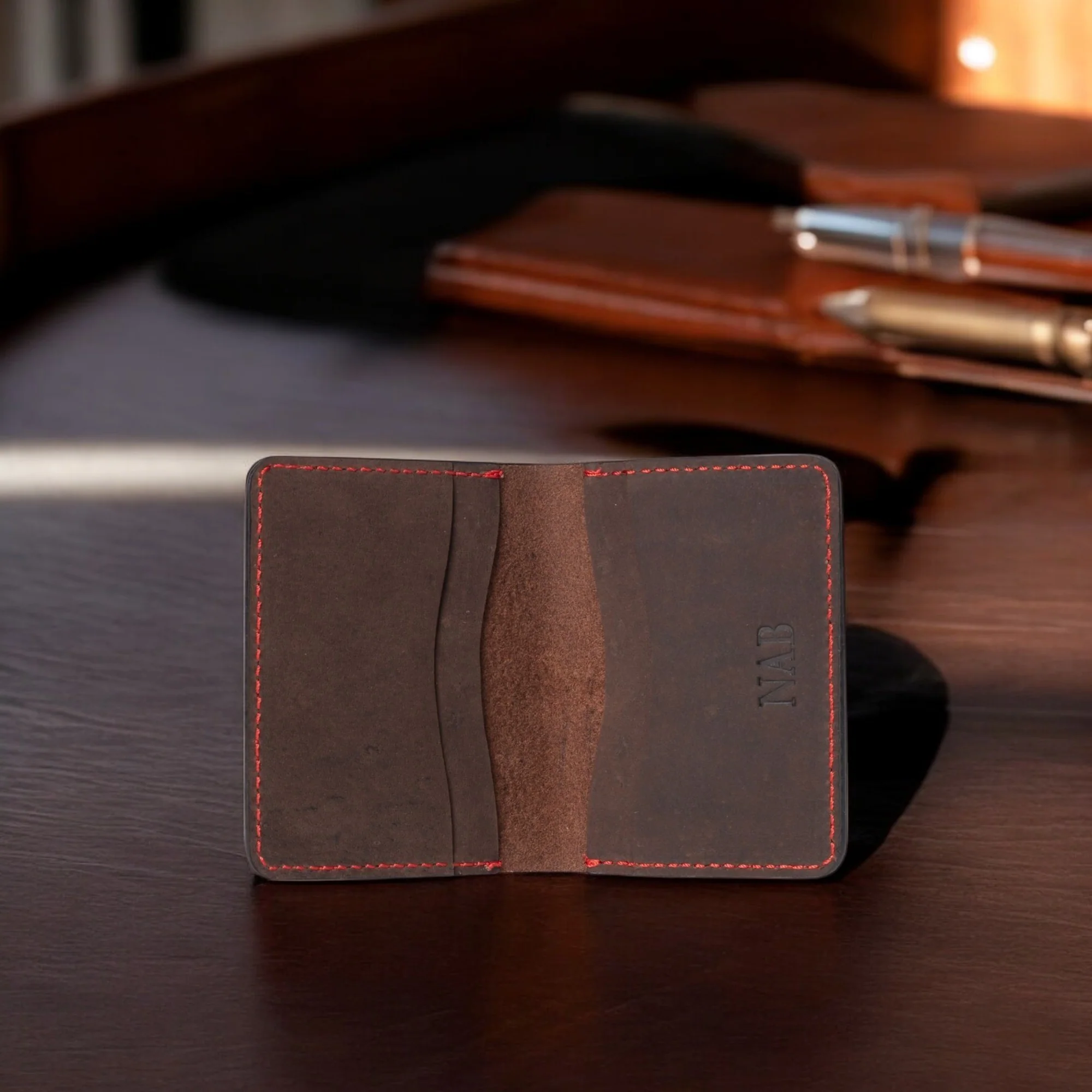 Card Holder - Brown Full Grain Leather Card Holder With Red Hand Stitching - Image 2