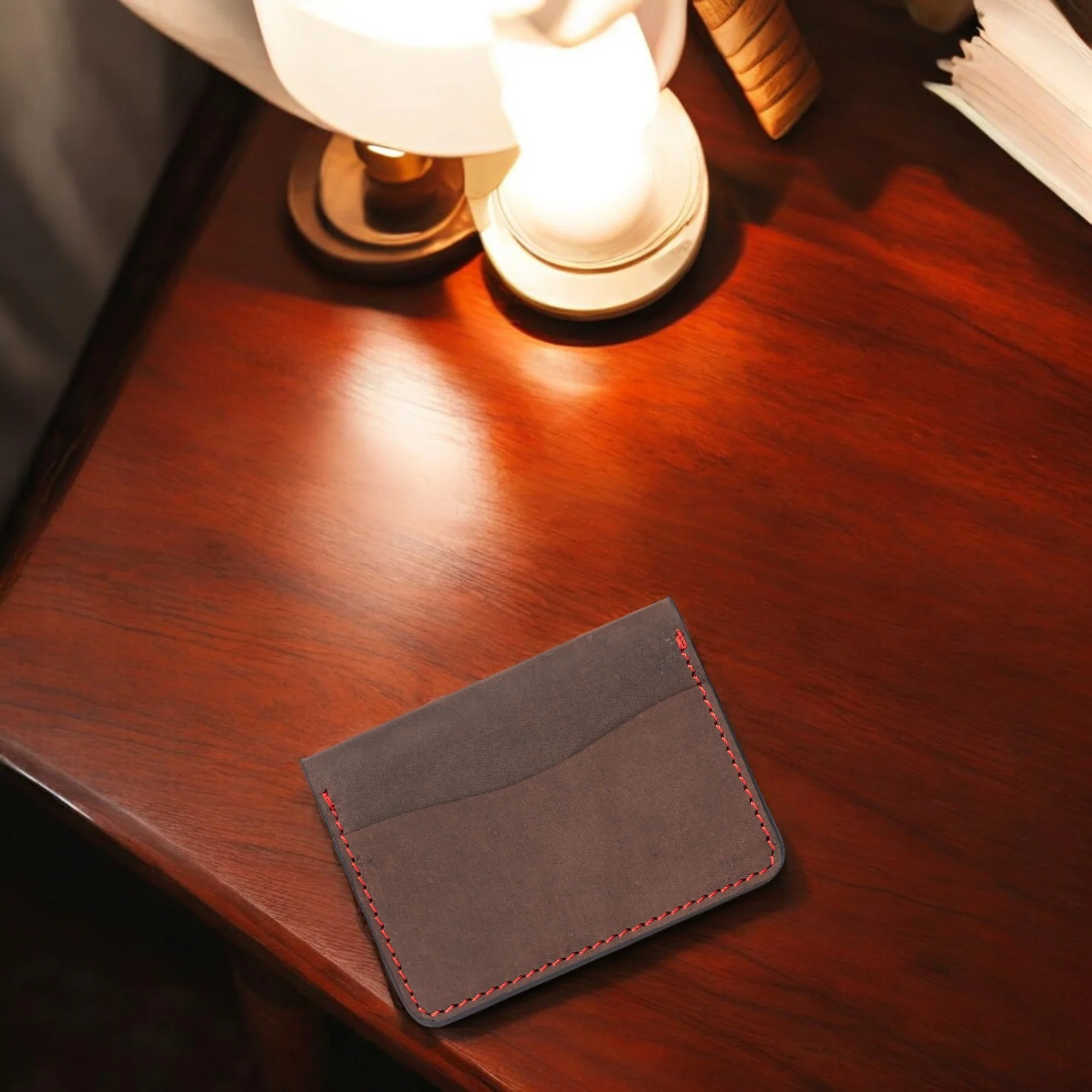 Card Holder - Brown Full Grain Leather Card Holder With Red Hand Stitching - Image 3