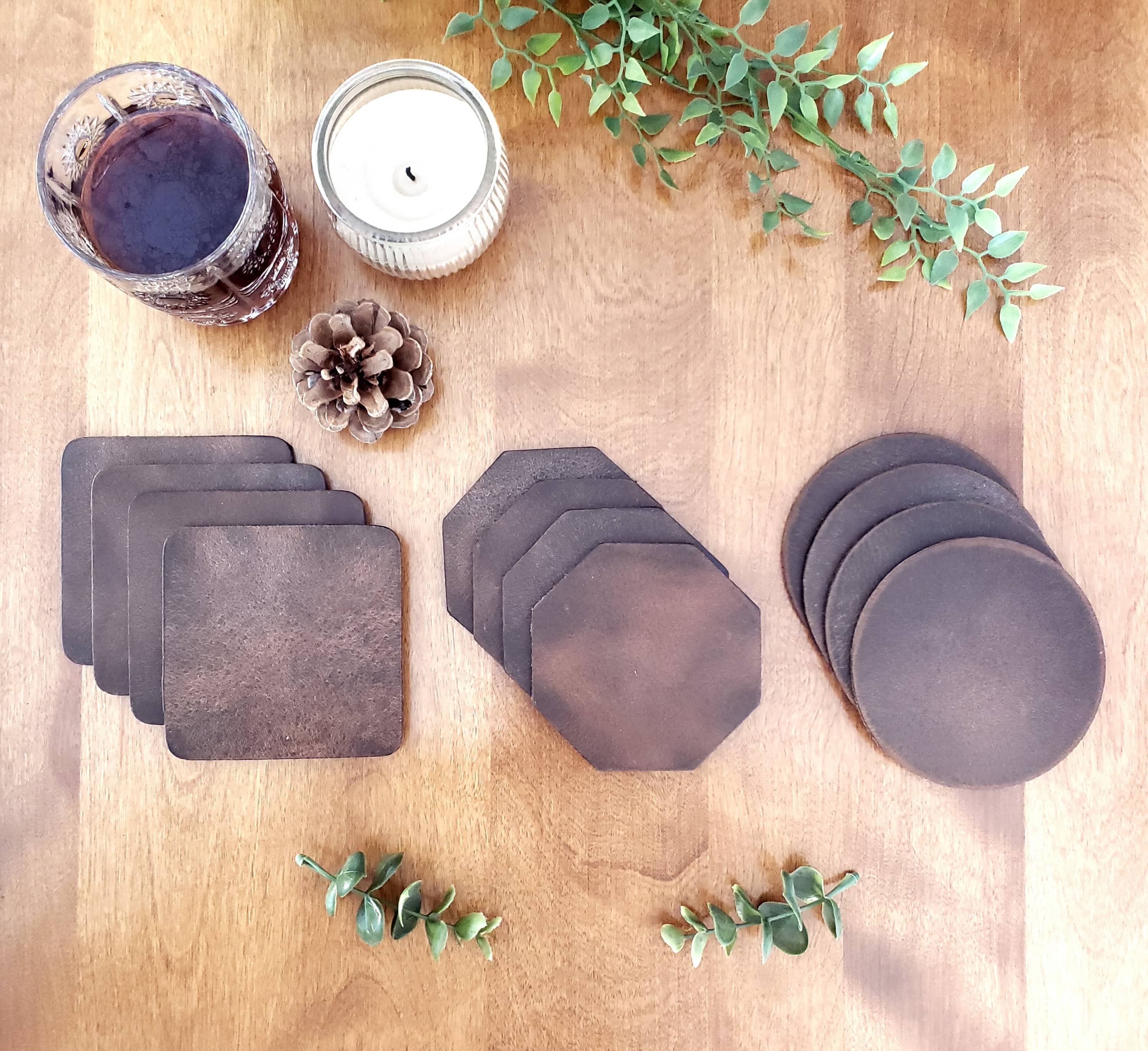 Octagon Coasters - Cognac Distressed Leather Coasters - Made in Canada - Image 5