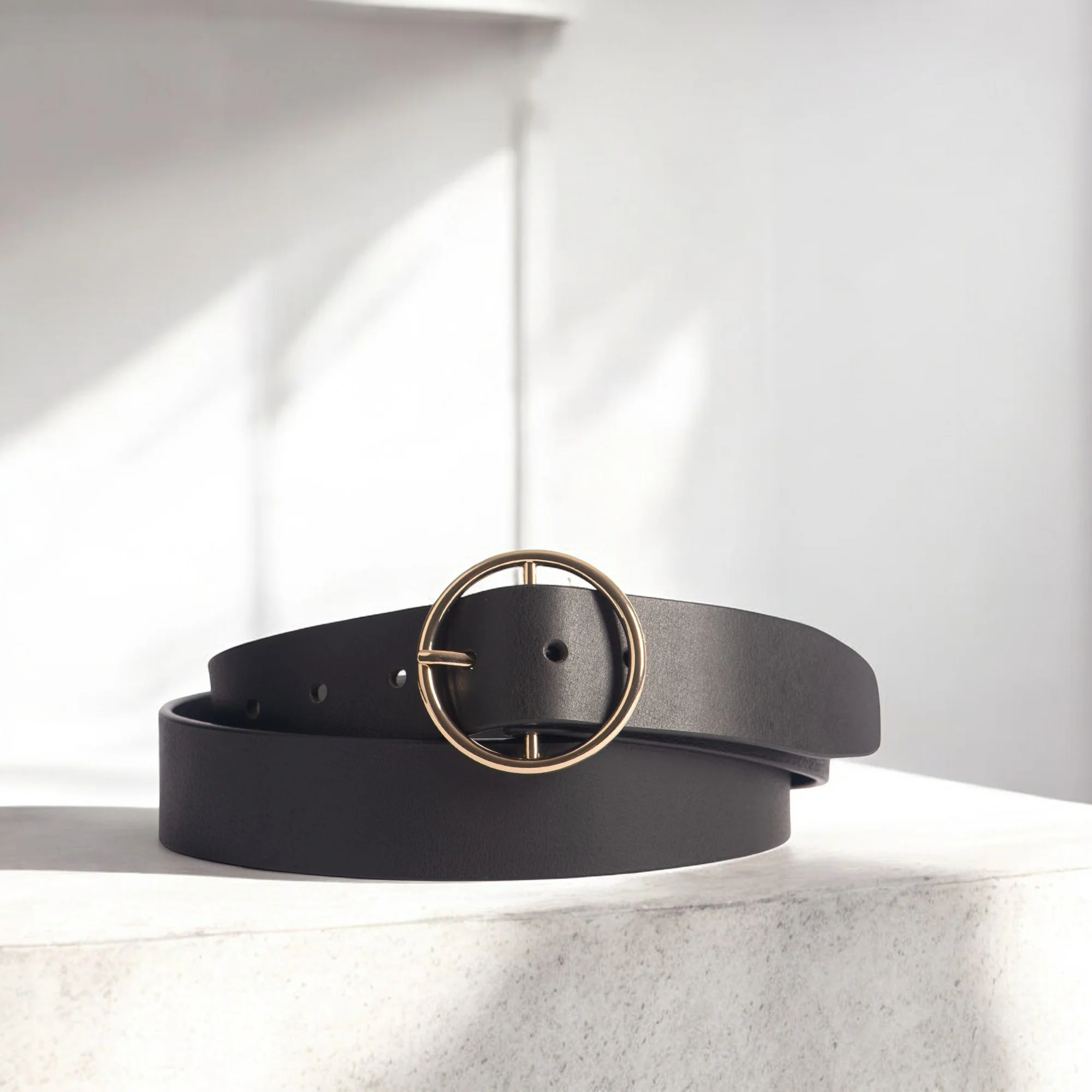Orla - Black Leather Dress Belt with Large Gold Circle Buckle - Made in Canada - Image 3