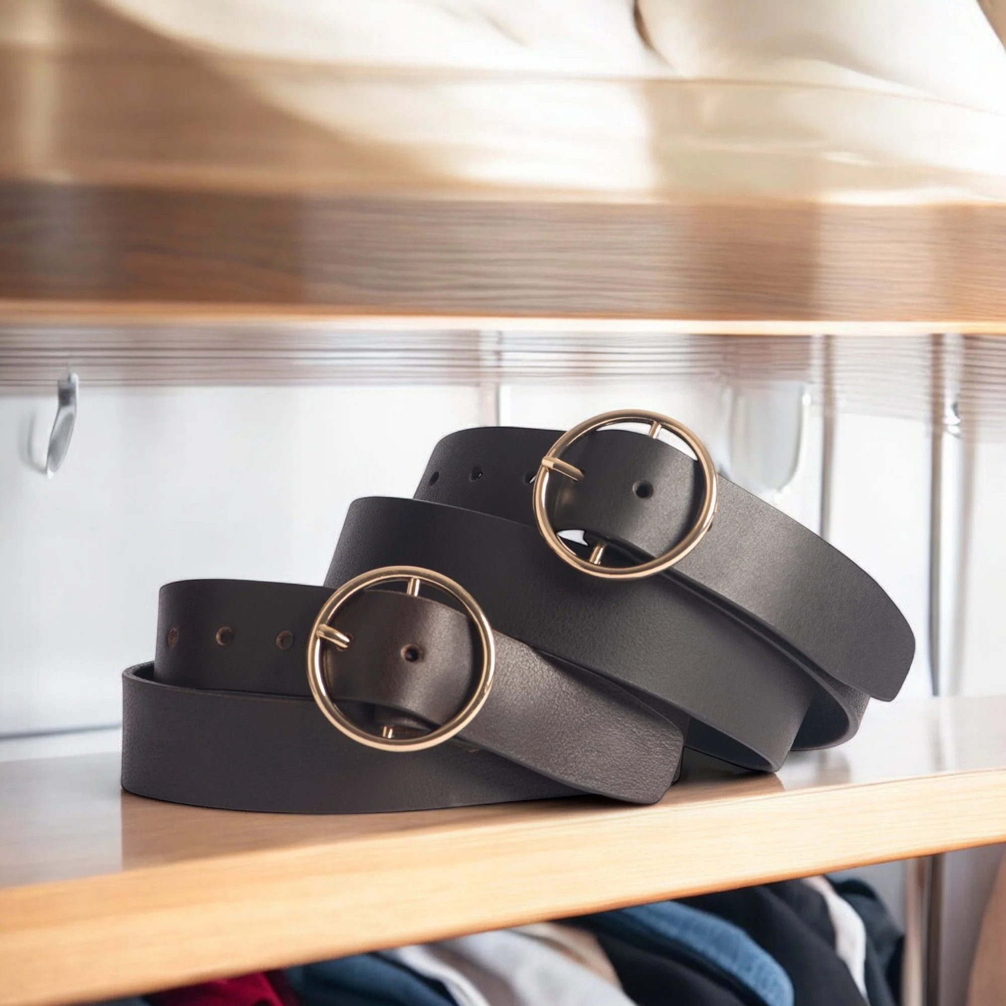 Orla - Black Leather Dress Belt with Large Gold Circle Buckle - Made in Canada - Image 4