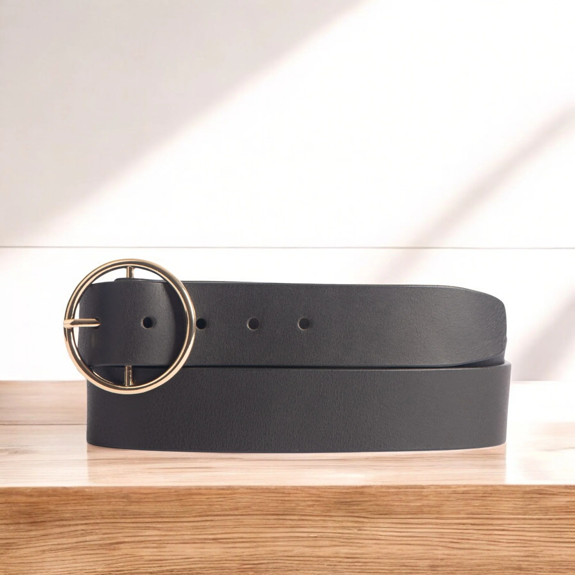 Orla - Black Leather Dress Belt with Large Gold Circle Buckle - Made in Canada - Image 6