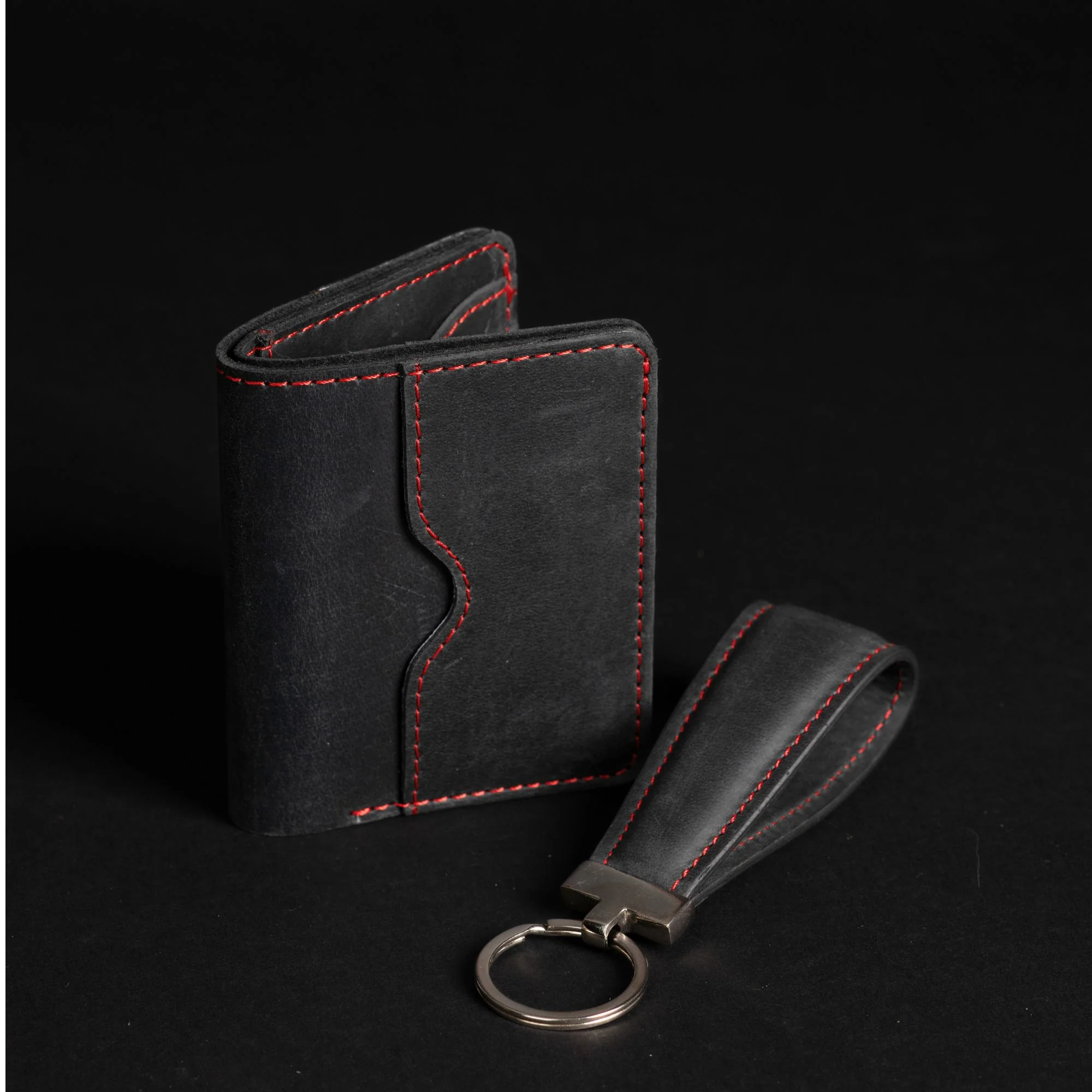 The Diablo Card Holder Keychain Set - Black Full Grain Leather Card Holder With Red Stitching