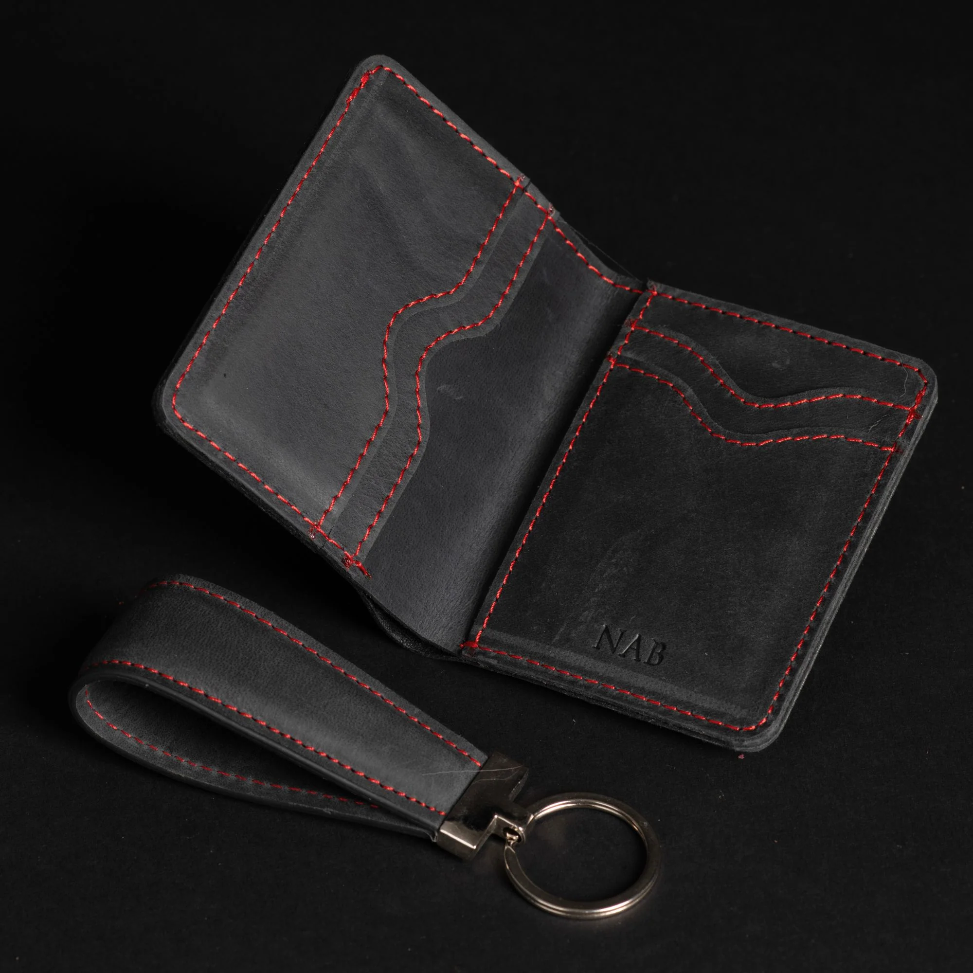 The Diablo Card Holder Keychain Set - Black Full Grain Leather Card Holder With Red Stitching - Image 2