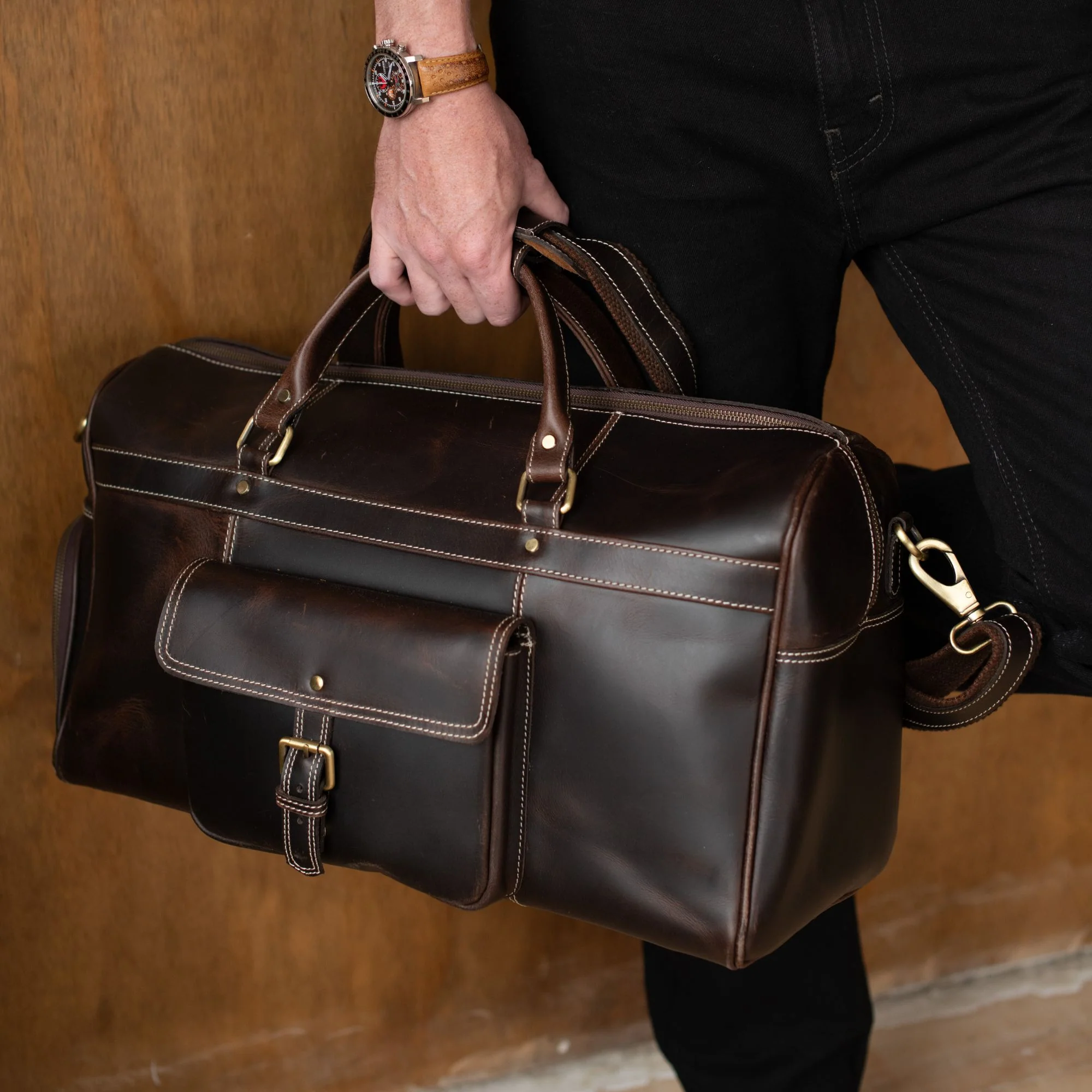 The Voyager Duffle - Brown Full-Grain Distressed Leather Duffle Bag - Image 5