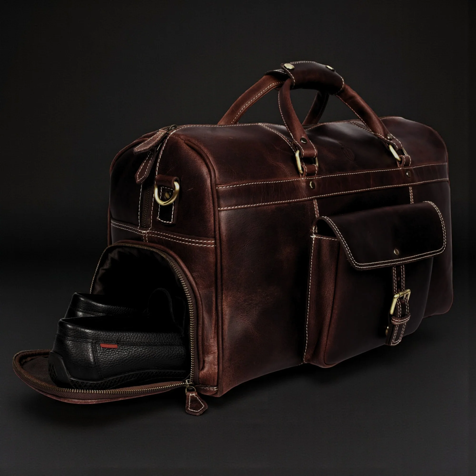 The Voyager Duffle - Brown Full-Grain Distressed Leather Duffle Bag - Image 7