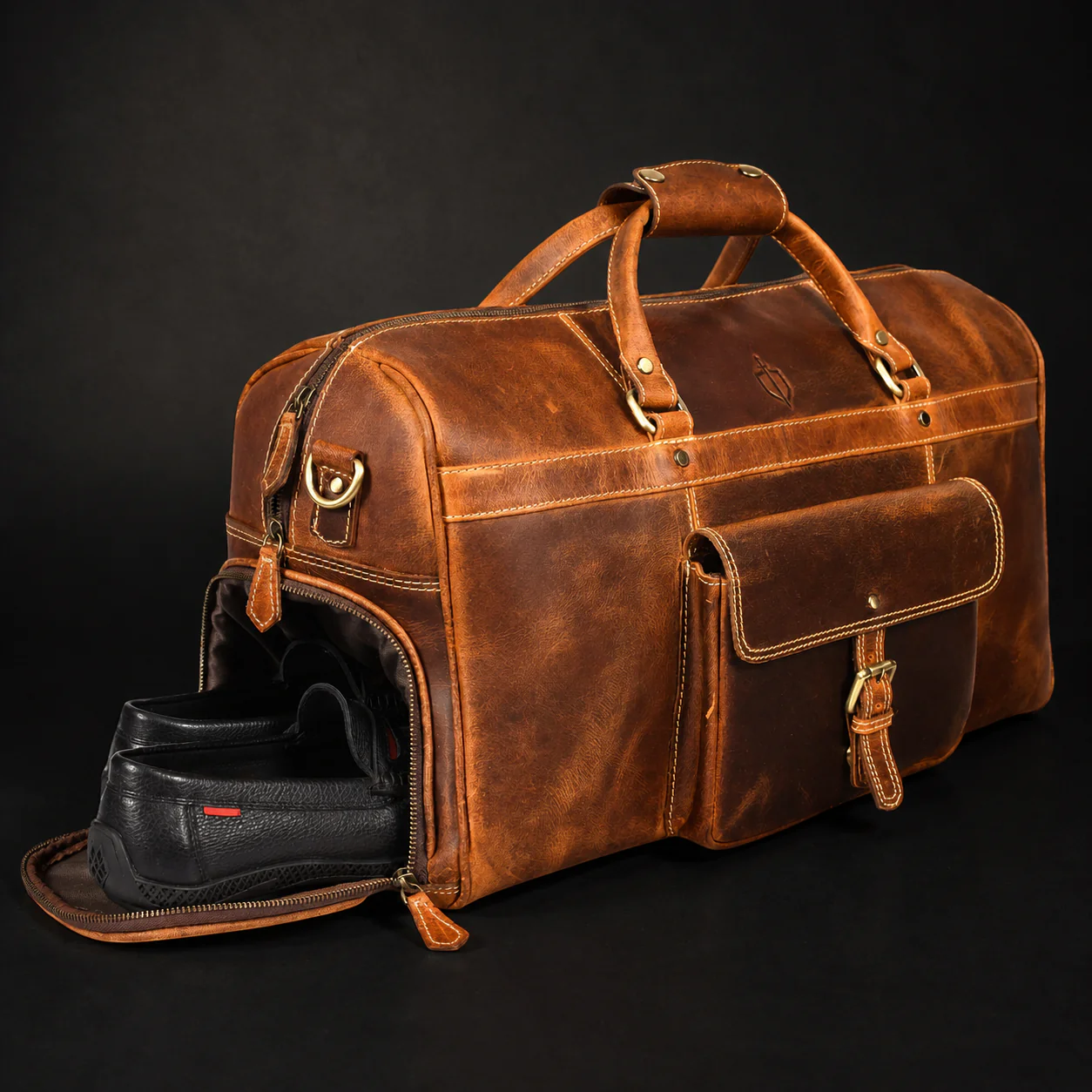 The Voyager Duffle - Cognac Full-Grain Distressed Leather Duffle Bag - Image 12