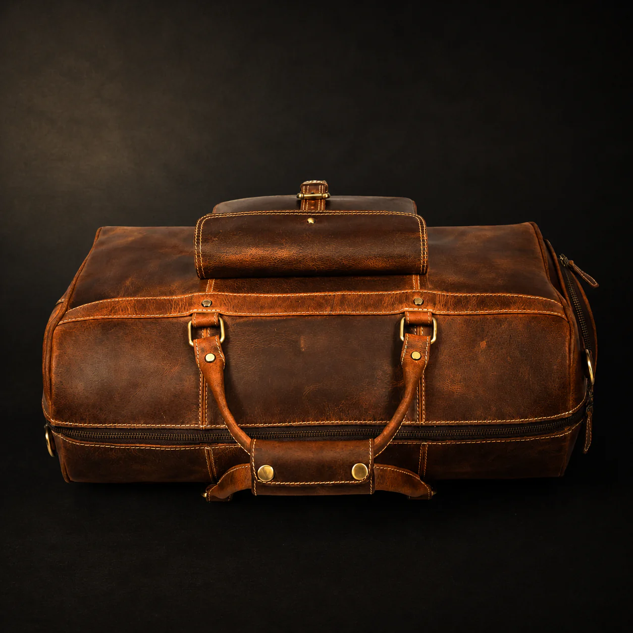 The Voyager Duffle - Cognac Full-Grain Distressed Leather Duffle Bag - Image 3