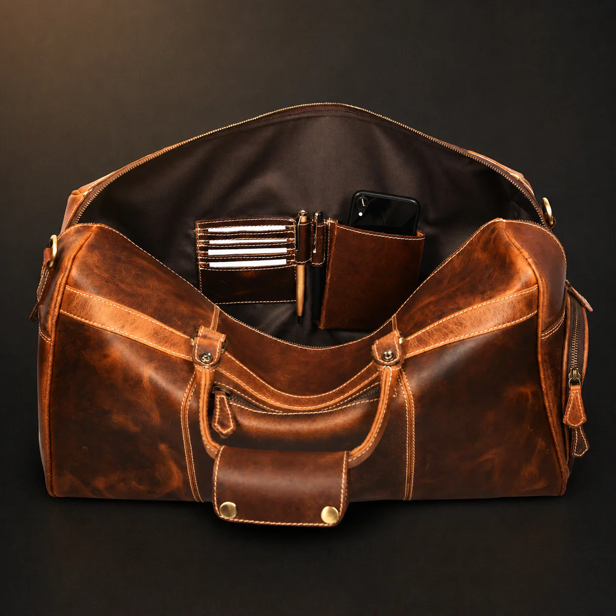 The Voyager Duffle - Cognac Full-Grain Distressed Leather Duffle Bag - Image 6